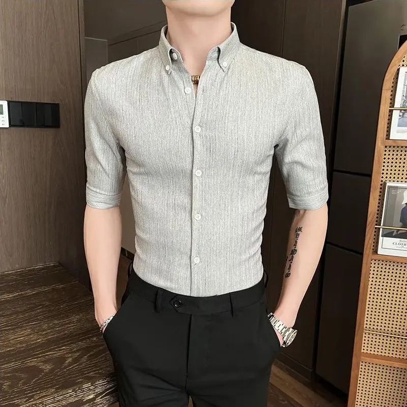 

Men's Slim Fit Mid Sleeve Shirt Striped Button Down Casual Business Summer Top