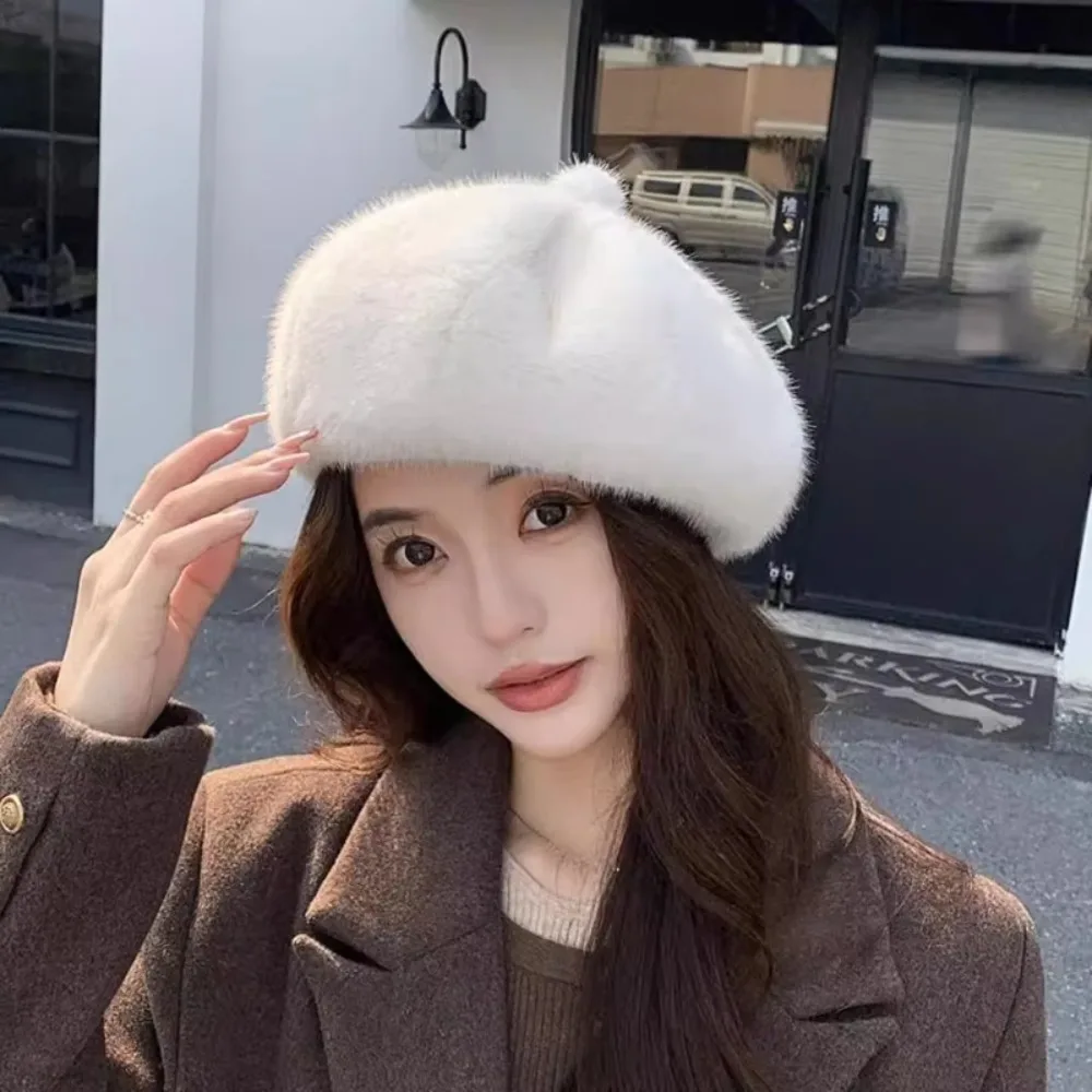 New Leopard Print Faux Rabbit Fur Beret Solid Color Thicken Painter Beret Hat Keep Warm Flush Furry Fluffy Beret for Women Girl
