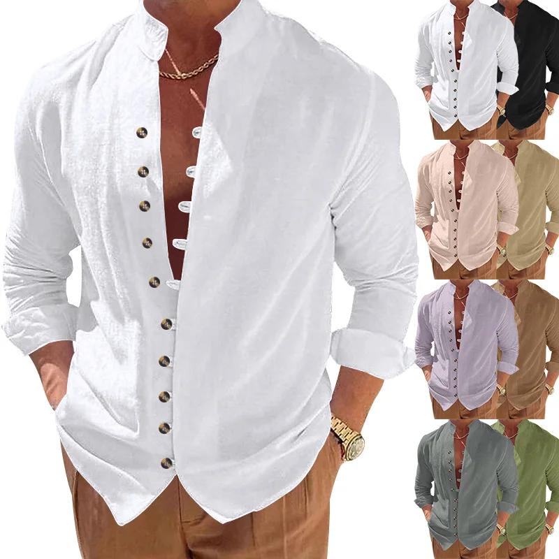 

2026 Spring and Autumn Cross-border Independent Station New Button-Up Men's Retro Linen Casual Loose Long Sleeve Shirt