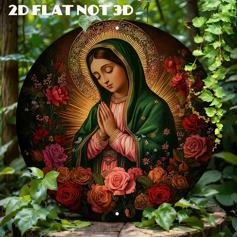 

Round Aluminum Wall Art - Hyper-Realistic Holy Mary in Prayer, 2D Flat Decor with Virgin Mary Illustration, Perfect for Church