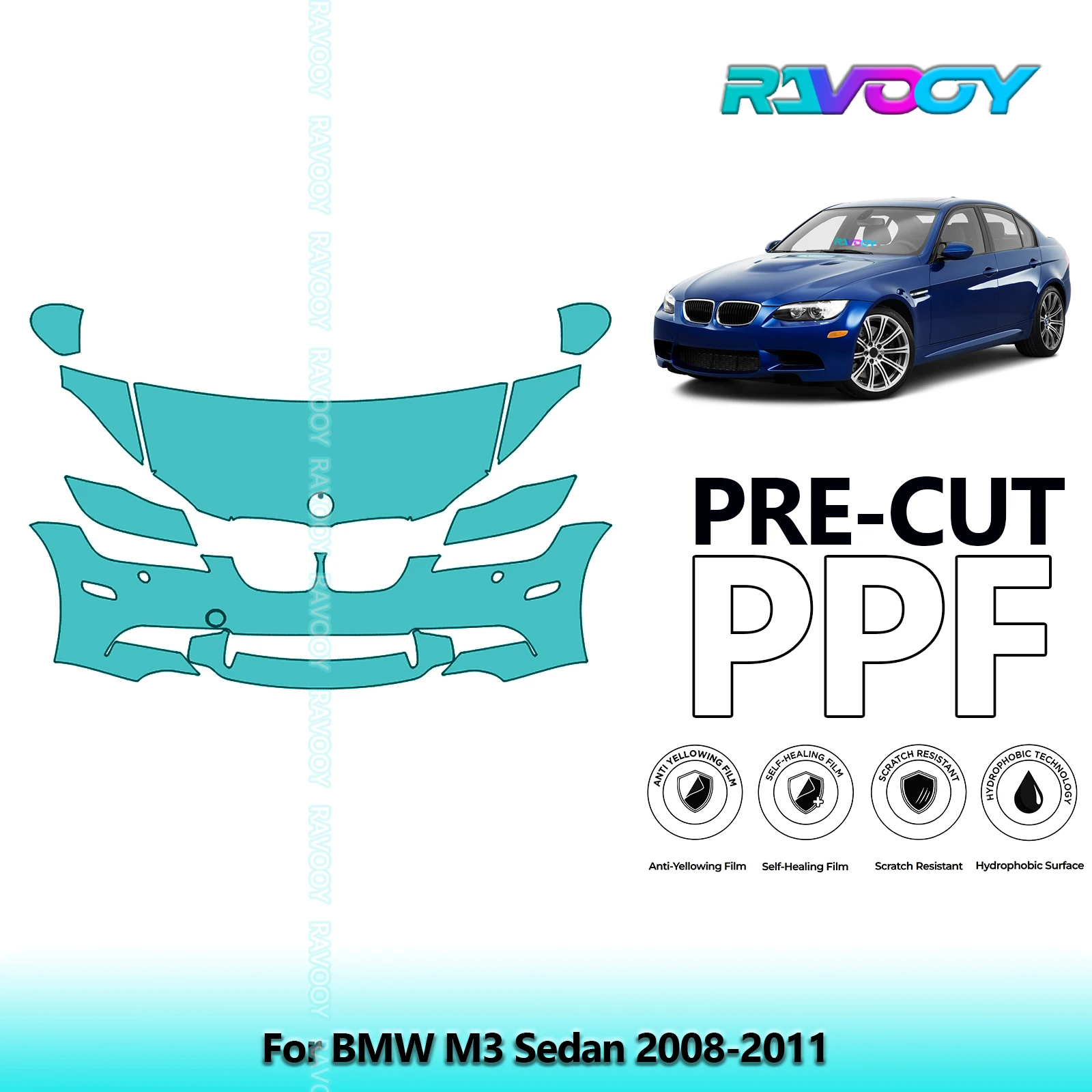For BMW M3 Sedan 2008-2011 Partial Front Pre-Cut Paint Protection Film PPF Stone Chip Kit | Clear / Matte / Black Finish Options
