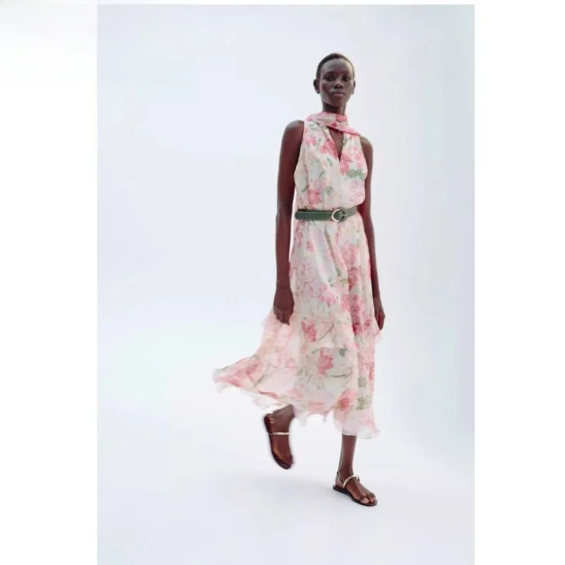 E cintura alta impro maxi vestido sem mangas gola em camadas decoração nova coleção de verão moda fena  kiss