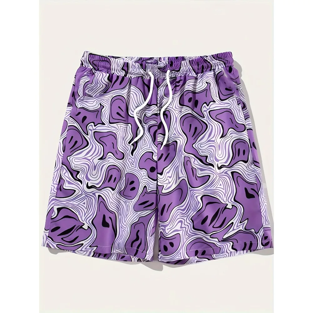 Plus-size men's psychedelic vortex smiley face Hawaiian swim trunks lightweight and loose beach shorts perfect for summer