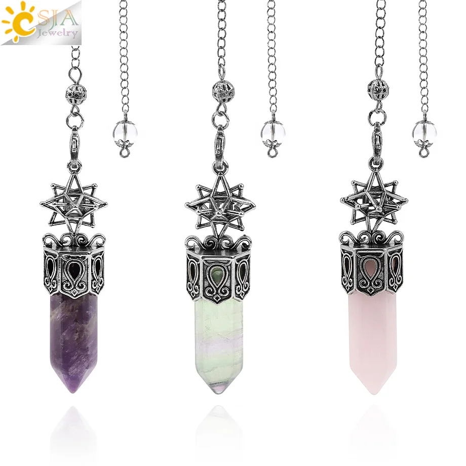CSJA Natural Stone Pendant Crystal Pendulums Divination Clear Crystal Amethysts Tiger eye Pink Quartz Hexagram Pendulos H710