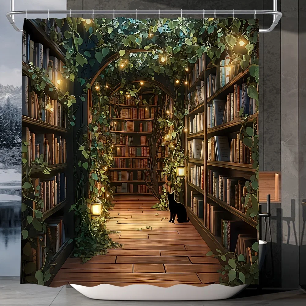 HI-Black Cat Magic Library Shower Curtain - 100% Polyester, Cartoon Pastoral Theme, Greenery, Machine Washable, Grommet Top