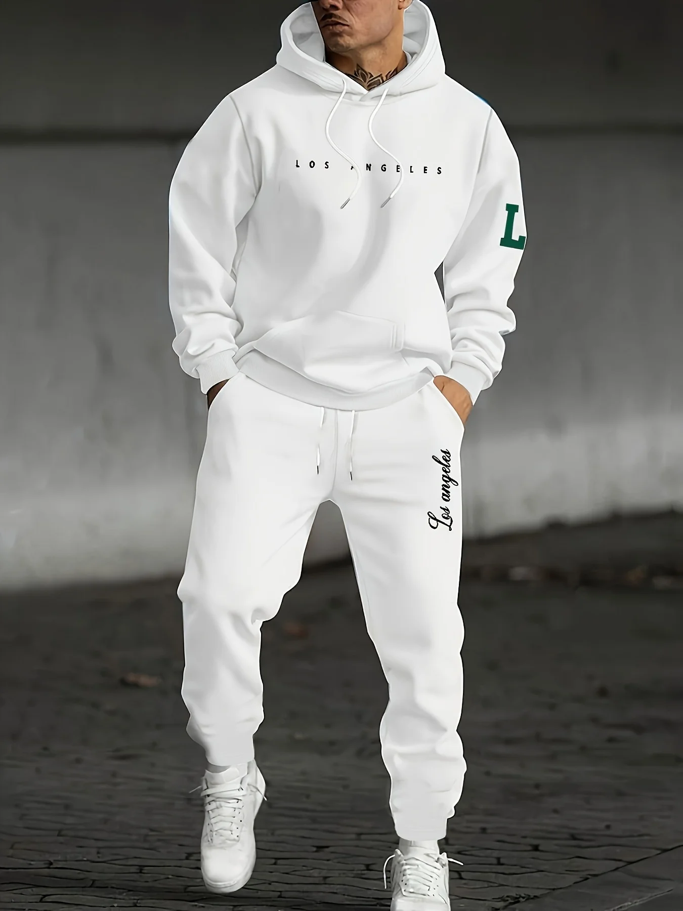 Men's casual letter print drawstring pocket hoodie and athletic drawstring trousers 2-piece set