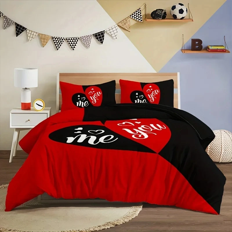 3pcs Duvet Cover Set Black And Red Heart Pattern Bedding Set Soft Duvet Cover For Bedroom Guest Room 1*Duvet Cover+2*Pillowcase