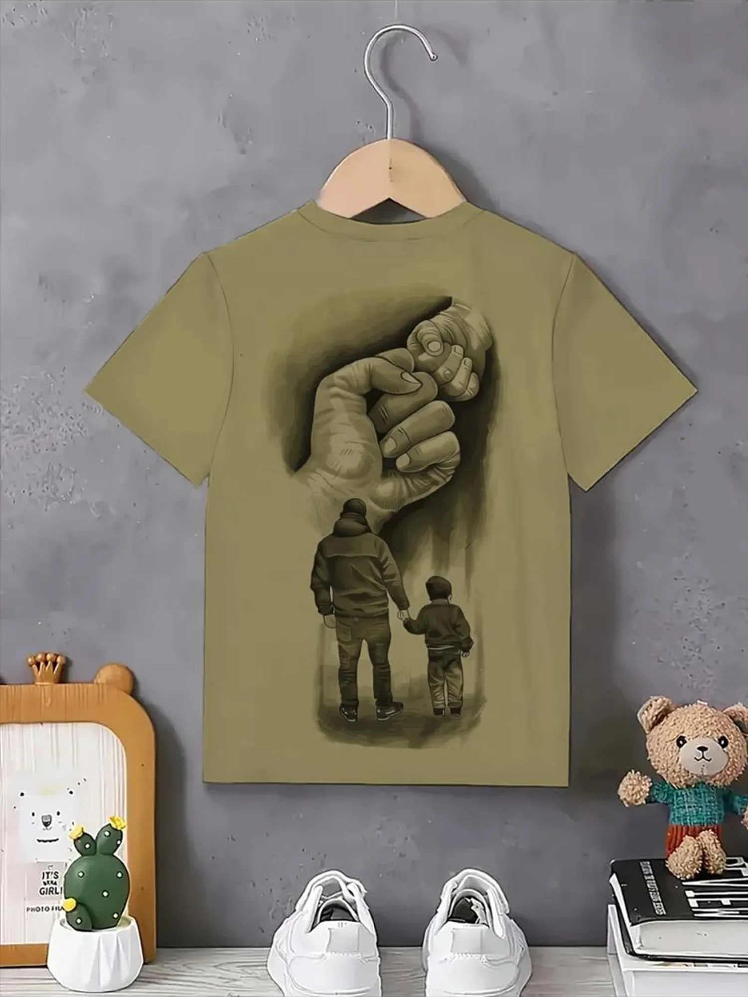 Kids Father Son Bond Graphic T‑Shirt, Boys Dad and Son Holding Hands Print Short Sleeve Crew Neck Casual Summer Tee Tops