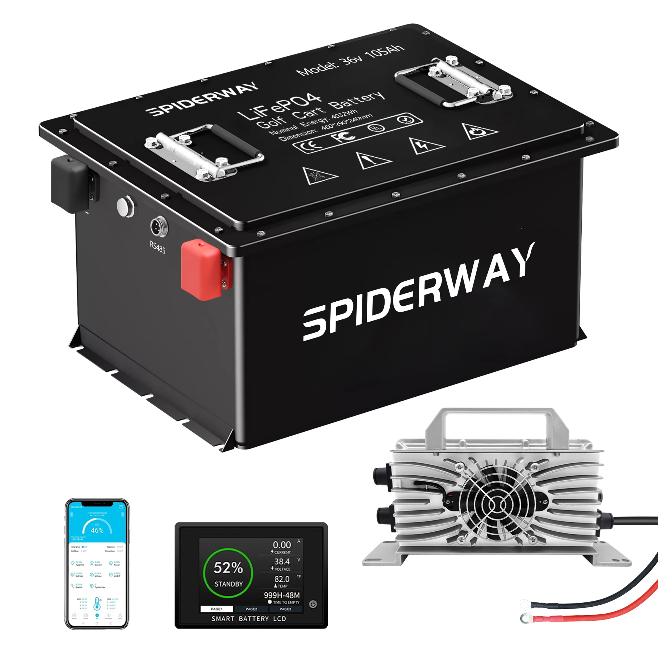 36V 105Ah Battery LiFePO4 Lithium Bluetooth Golf Cart 200A BMS+Monit+25A Charger for Solar RV Fish Finder Boat