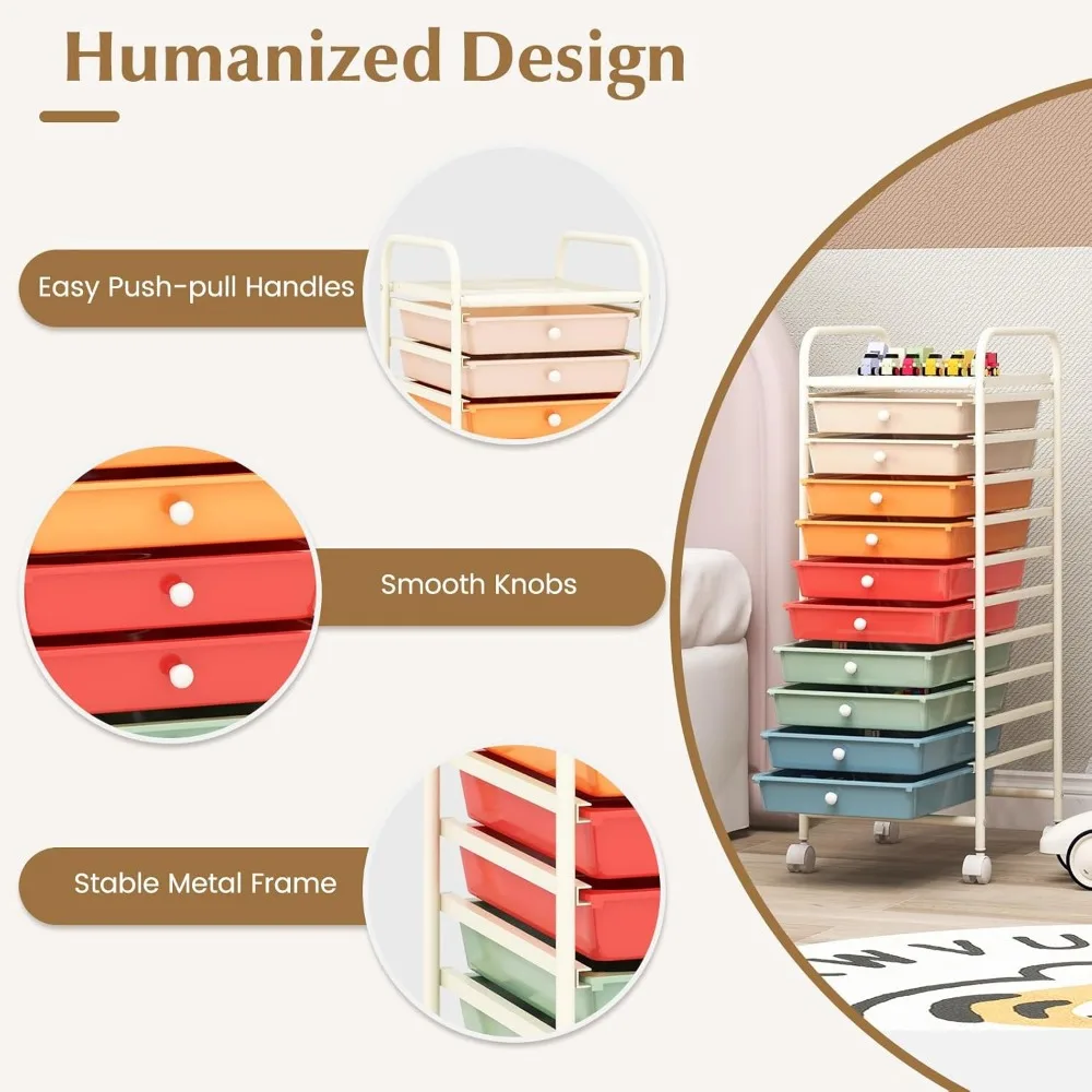 Rollwagen mit 10 Schubladen, abnehmbaren Schubladen, Stahlrahmen und Universalrollen für Dienstprogramm und Organisation