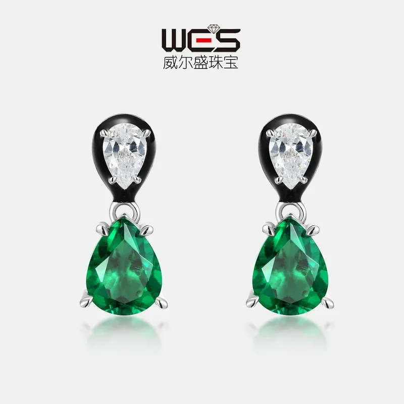 Water Drop Cultured Emerald Earrings 18K Gold Inlaid with Colored Baby Stones PT950 Platinum Claw Retro Earrings