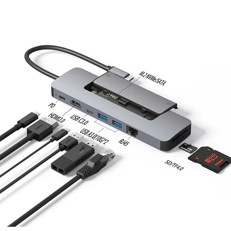 

Type-C docking station supports SATA and NVMe M.2 SSD enclosures, HDMI docking, Ethernet, and USB hub