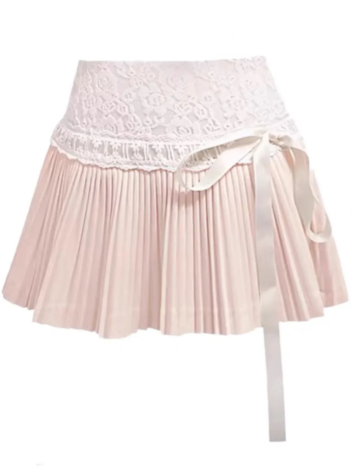 

Sweet Hot Girl Exquisite Bow Spliced Lace Pleated Skirts Women Spring Autumn High Waist Slim All-match Age-reducing Short Skirt