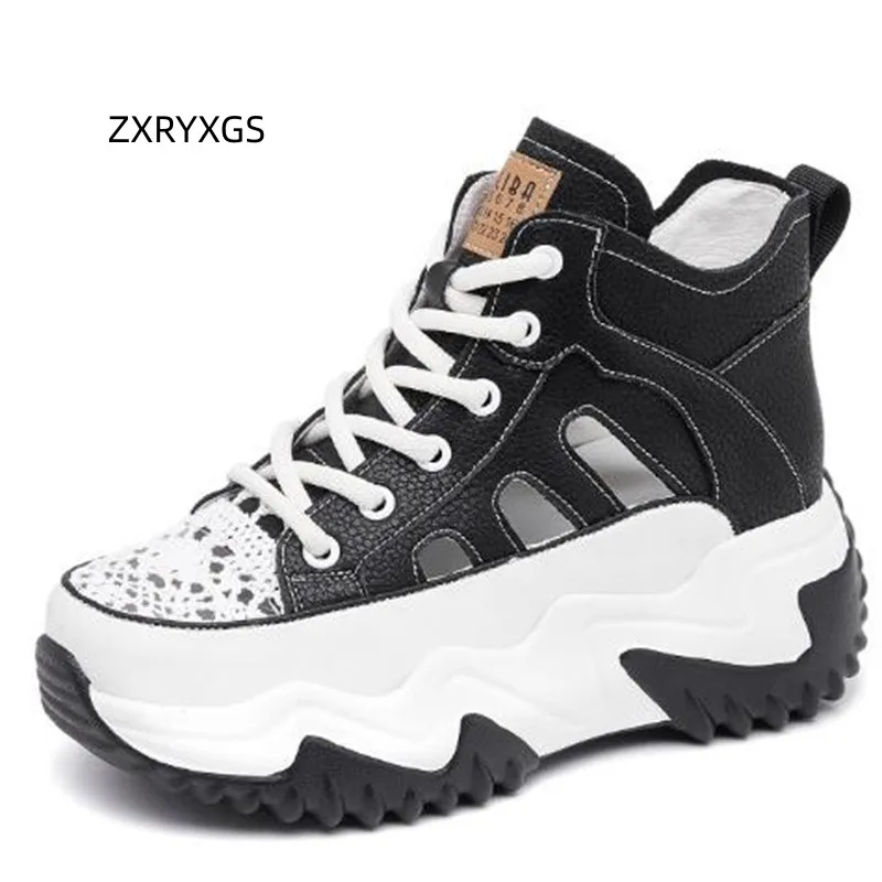 

ZXRYXGS 2024 Cowhide Lace Splicing Spell Color Summer Leather Sneaker Sandals Platform Within Increased Shoes Women Sandals Tide