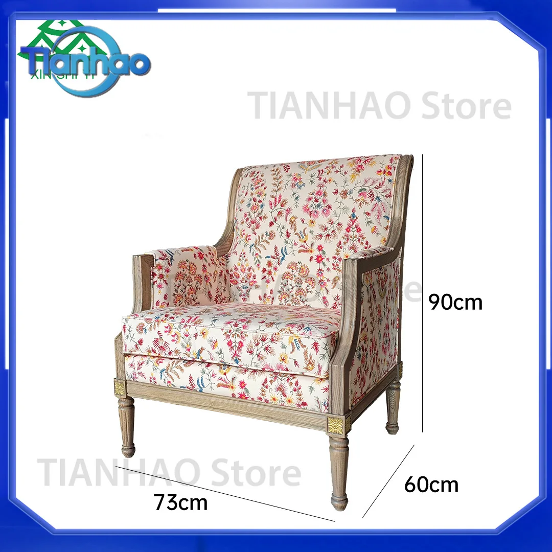 Vintage Style Carved Solid Wood Frame Hotel Sofa Chair with Patterned Fabric Cushions for Hotel Lobby Apartment Villa