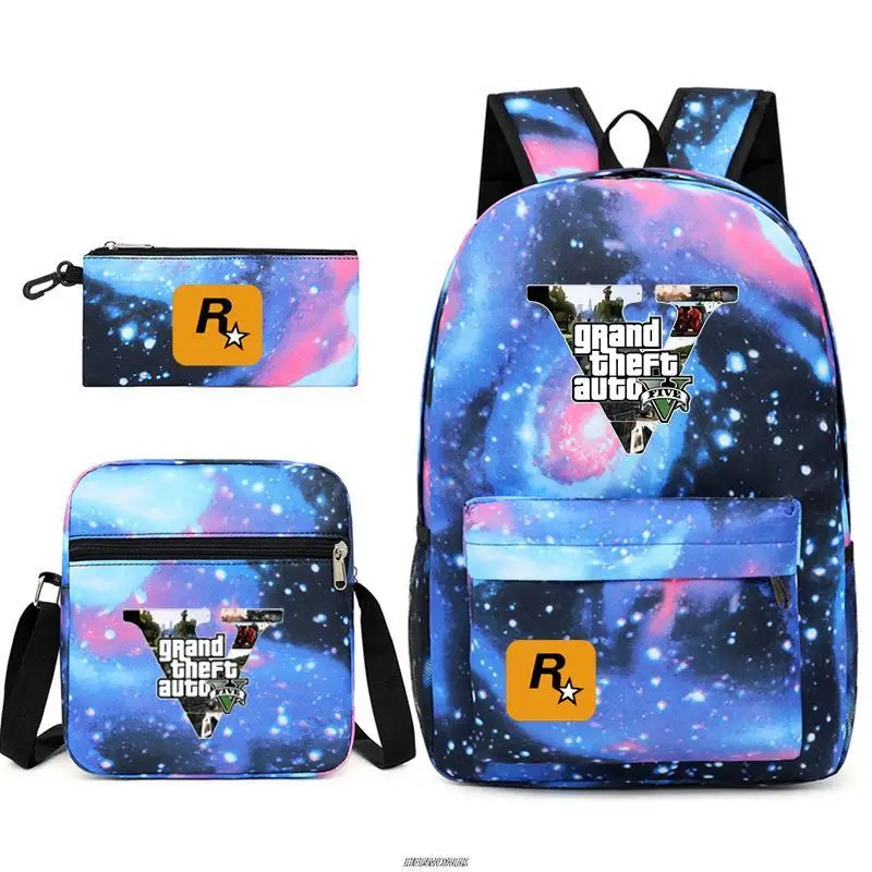 Gta5 3 pçs jogos mochila grande roubo automóvel lona crianças mochila de volta para a escola bookbag meninos meninas capacidade saco viagem