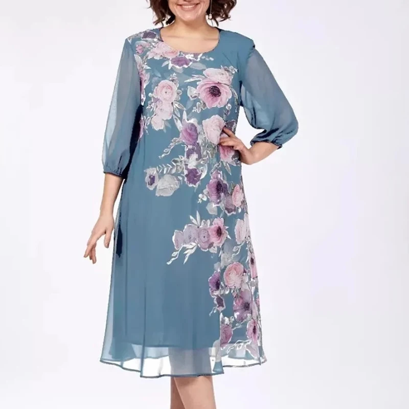 2025 Summer Loose Flower Printed Dress Women 3/4 Sleeve Midi Dress Plus Size Women Party Dress Casual Beach Holiday Dresses