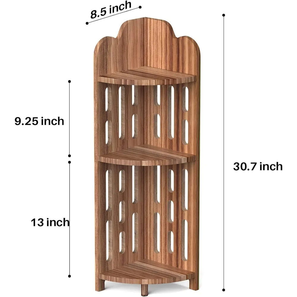 Bathroom Corner Shelf Stand, 3 Tier Pine Wood Display Shelf for Narrow Space, for Living Room, Bedroom, Home Office, Elegant