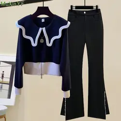 Women Spring Autumn Sweatshirt Coat Flare Pants 1 or 2 Piece Set Lady Fashion Turn-Down Collar Zipper Jacket Pearl Trousers Suit