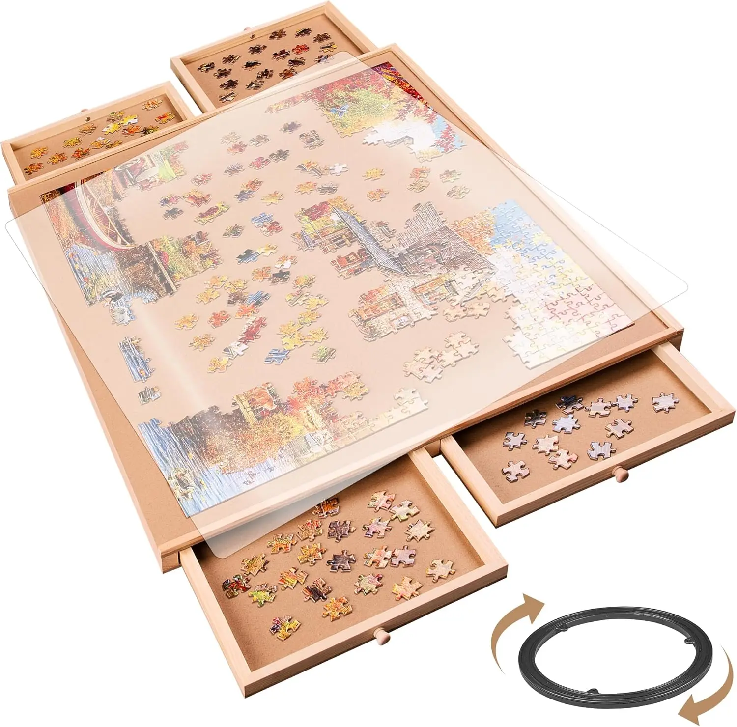 

1000 Pieces Rotating Puzzle Board with 4 Storage Drawers & Protective Cover - Wooden Jigsaw Puzzle Table for 1000 Pieces - for F