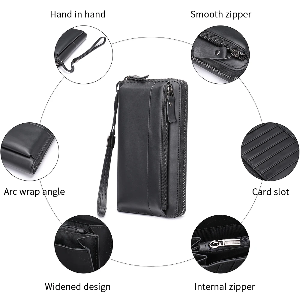 محفظة يد رجالي محافظ طويلة للرجال محفظة عمل كاجوال من الجلد الطبيعي مع سحاب حقيبة يد للهاتف ذات سعة كبيرة