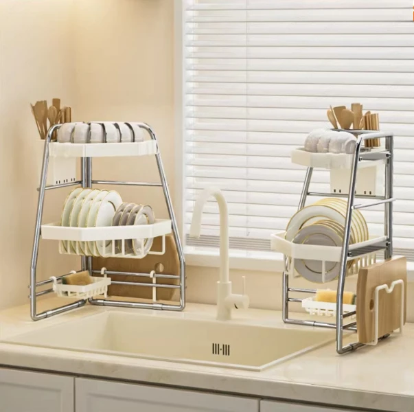 

Угловая сушилка для посуды из нержавеющей стали для кухонной раковины, устойчивая, с отводом воды, вентиляцией, экономит место, для хранения