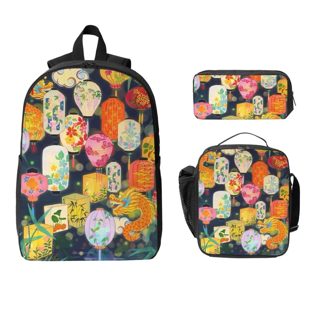 Traditional Chinese Lantern Backpack Boys Girls BookBag School Bag Computer Shoulder Bags 3ps Insulated Lunch Bag Pencil Case