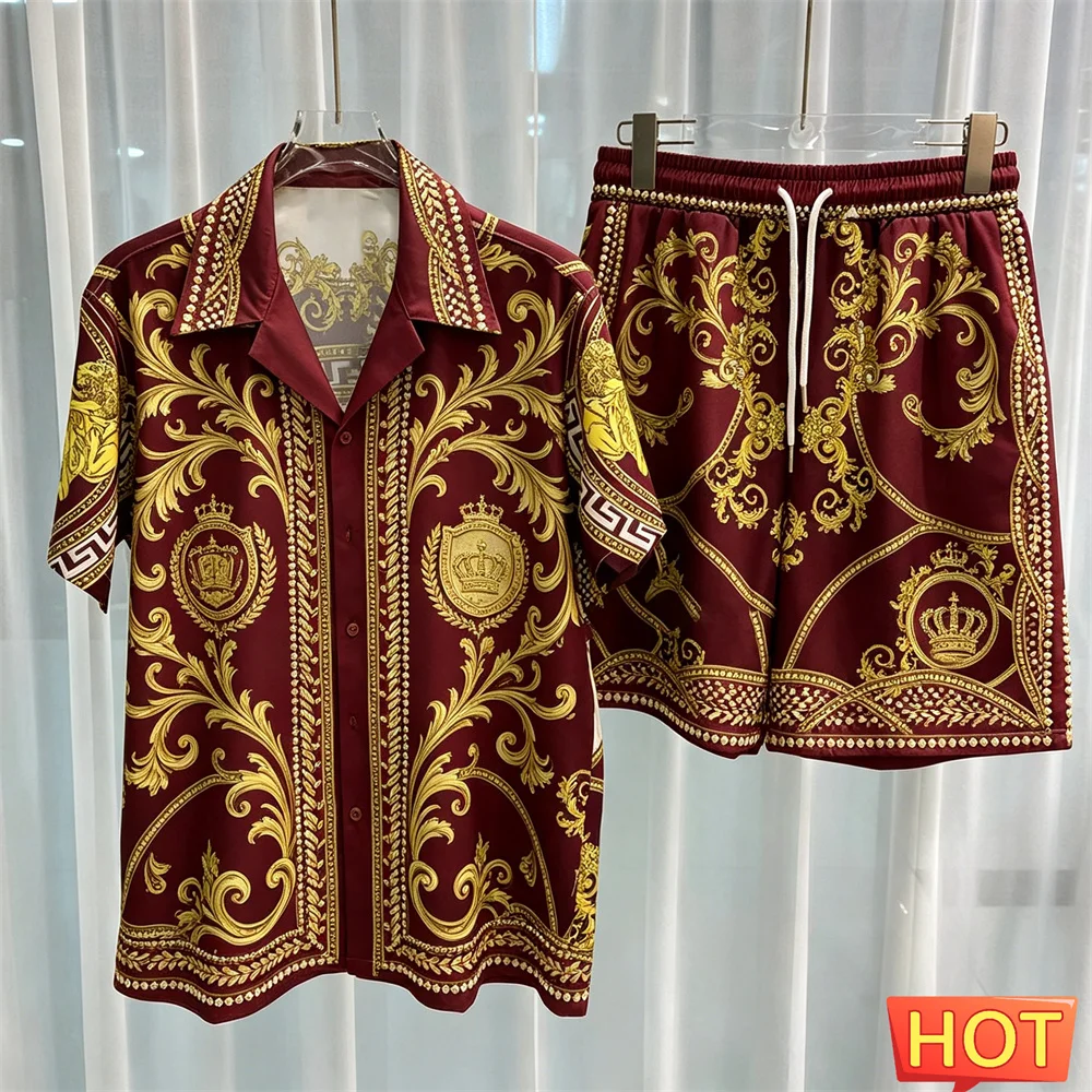 Striped Crown Pattern Luxury two-piece shirt set Summer Men Shirt Set colorful home high-end button up shirts pants Men clothing