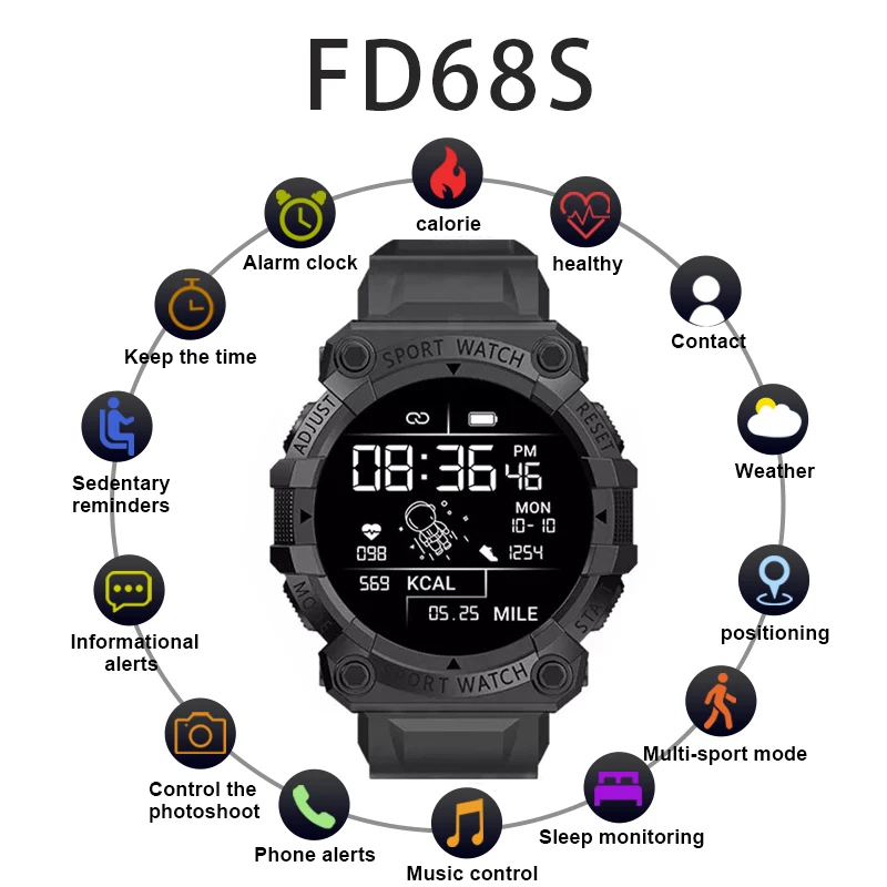 Newest Bluetooth Fitness Tracker Sports Smart Watch Reminder Color Screen FD68S Health Monitoring Wear Watch Black