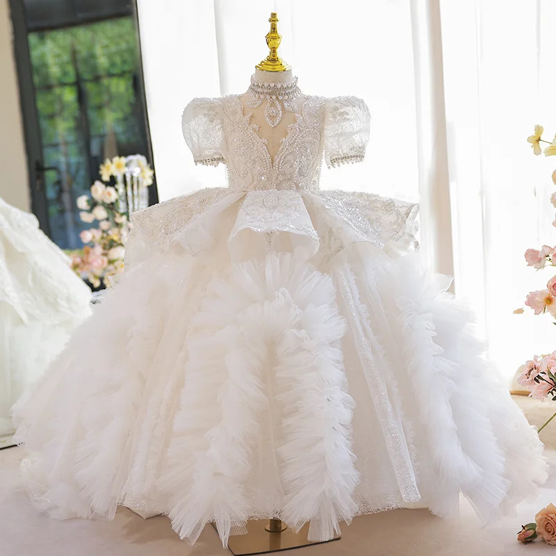 

Summer new girls' dress Birthday party layered cake dress White flower child catwalk train long dress Delicate design dress