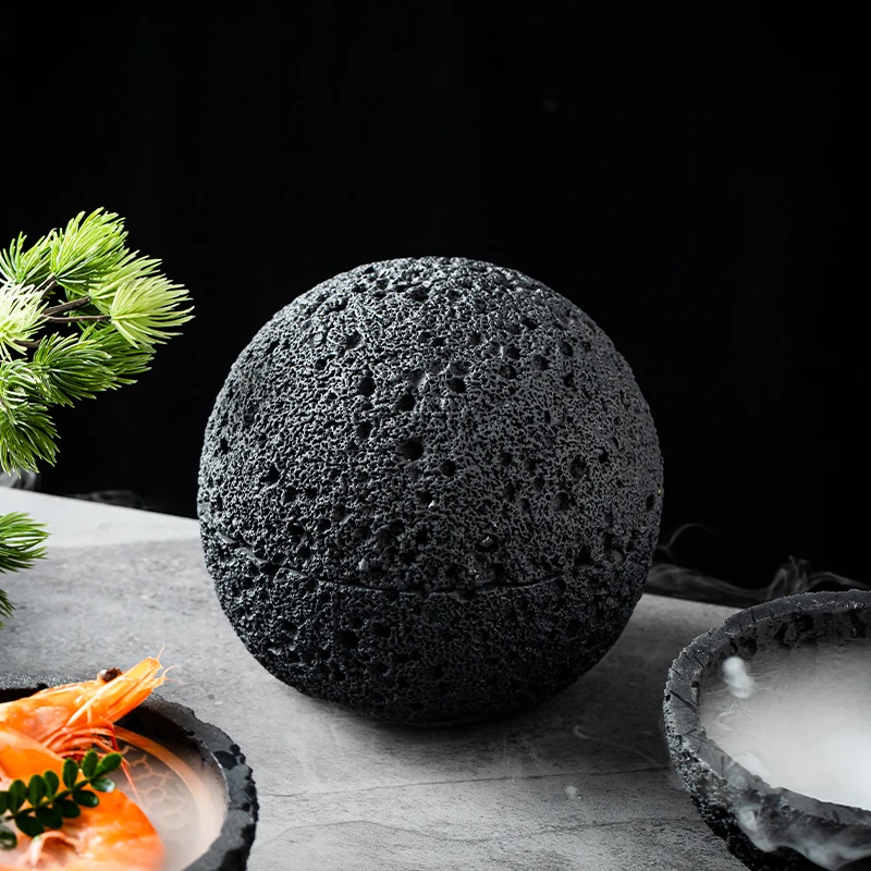 

Planet Bowl Molecular Cuisine Imitation Volcanic Stone Ball Plate Position Round Smoke Cup Black Tableware