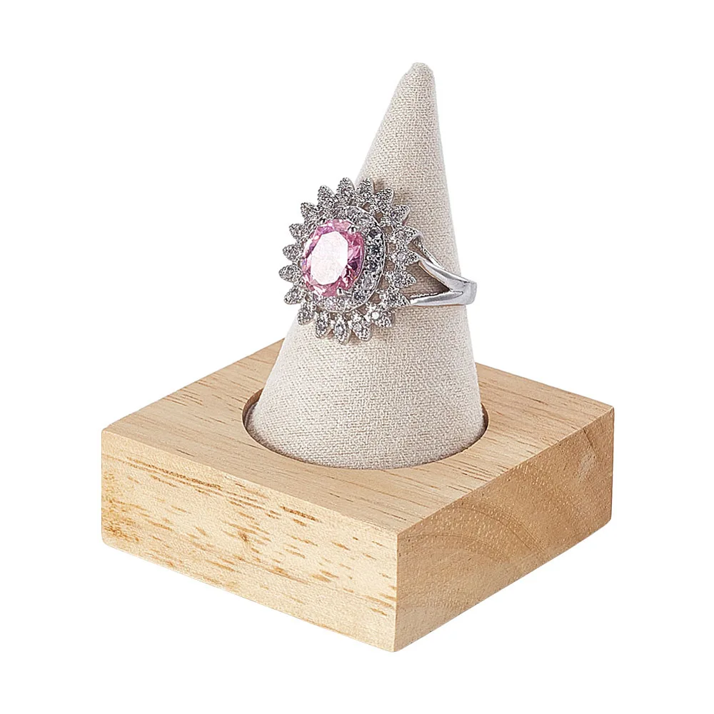 Single Finger Ring Holder Beige Velvet Cone Shaped Ring Display Stand with Wooden Coated Base Wedding Jewelry Showcase Ring