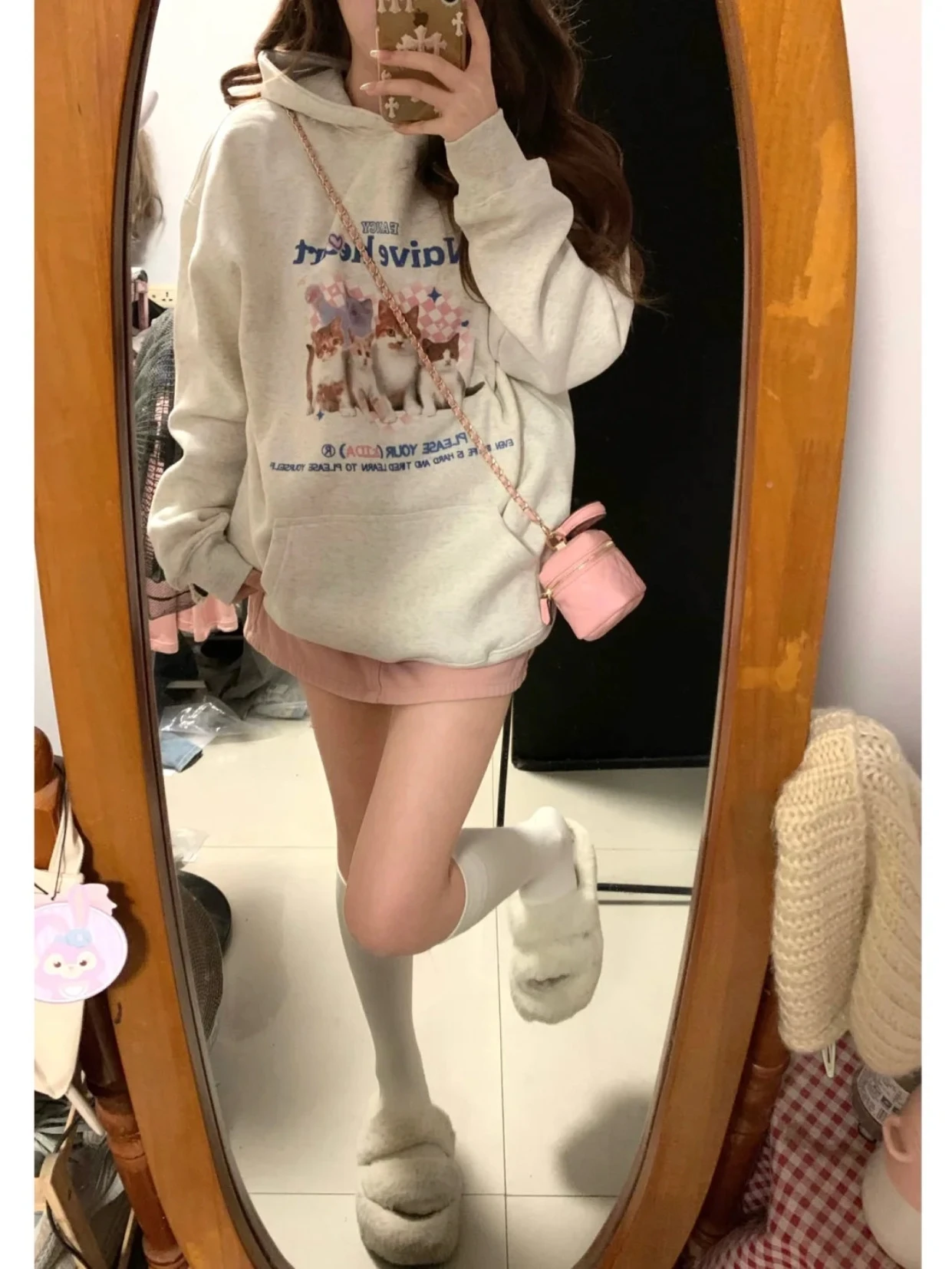 American Retro Kawaii Cat Print Hoodies Women Sweet Cute Aesthetic Animal Sweatshirt Thicken Fleece Winter Casual Harajuku Tops