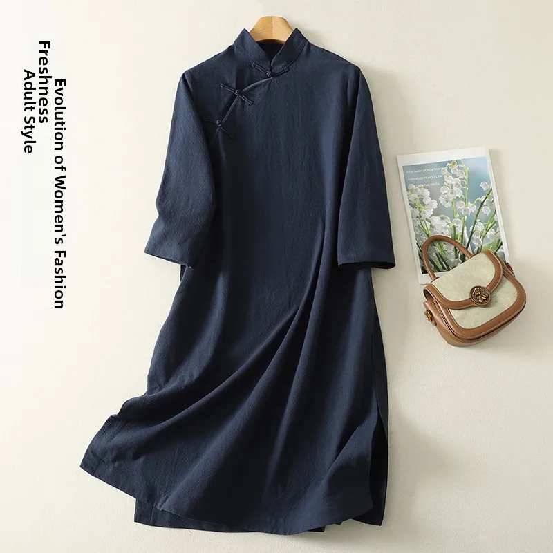 

Весенний новый китайский свободный хлопок и лен Dr Blue Color Seven-Quarter Sve воротник-стойка на пуговицах спереди традиционный ханьфу