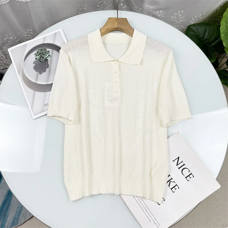 

Модная вязаная футболка с вырезами и коротким рукавом для женщин, летняя, базовая, необычная, полуоткрытая, из хлопка