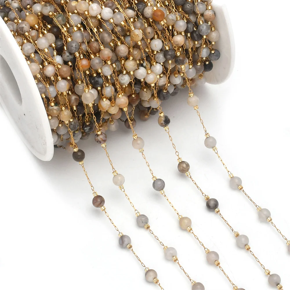 1Meter Handmade Natural Stone Beaded Chain Gemstone Smooth Round Bead Strand Stainless Steel Chain for Jewelry Making DIY Craft