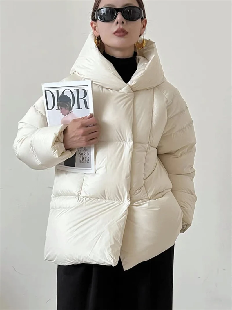 

Winter Thicken Hooded 90% White Duck Down Jacket Women Warm Parkas Outwears Female Loose Solid Pocket Quilted Puffer Jacket