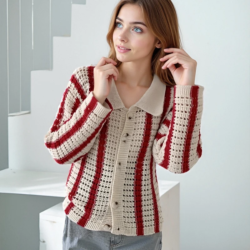 

Autumn New Women's Striped Hollow Out Knitted Cardigan Casual Single-breasted Long-sleeved Sweater Elegant Office Lady Top
