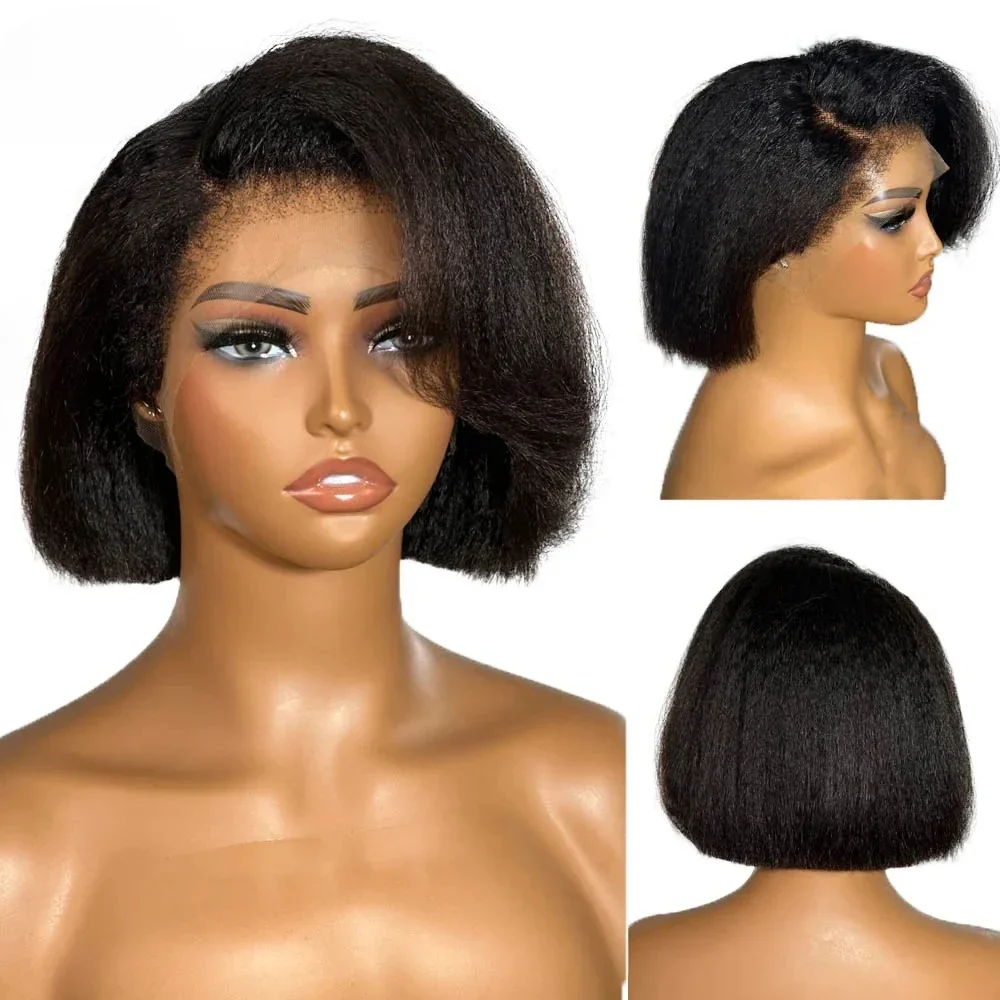 

Middle Part Short Bob Very Soft Yaki Straight Preplucked Kinky Straight Synthetic 13x4 Lace Front Wig With Baby Hair Glueless