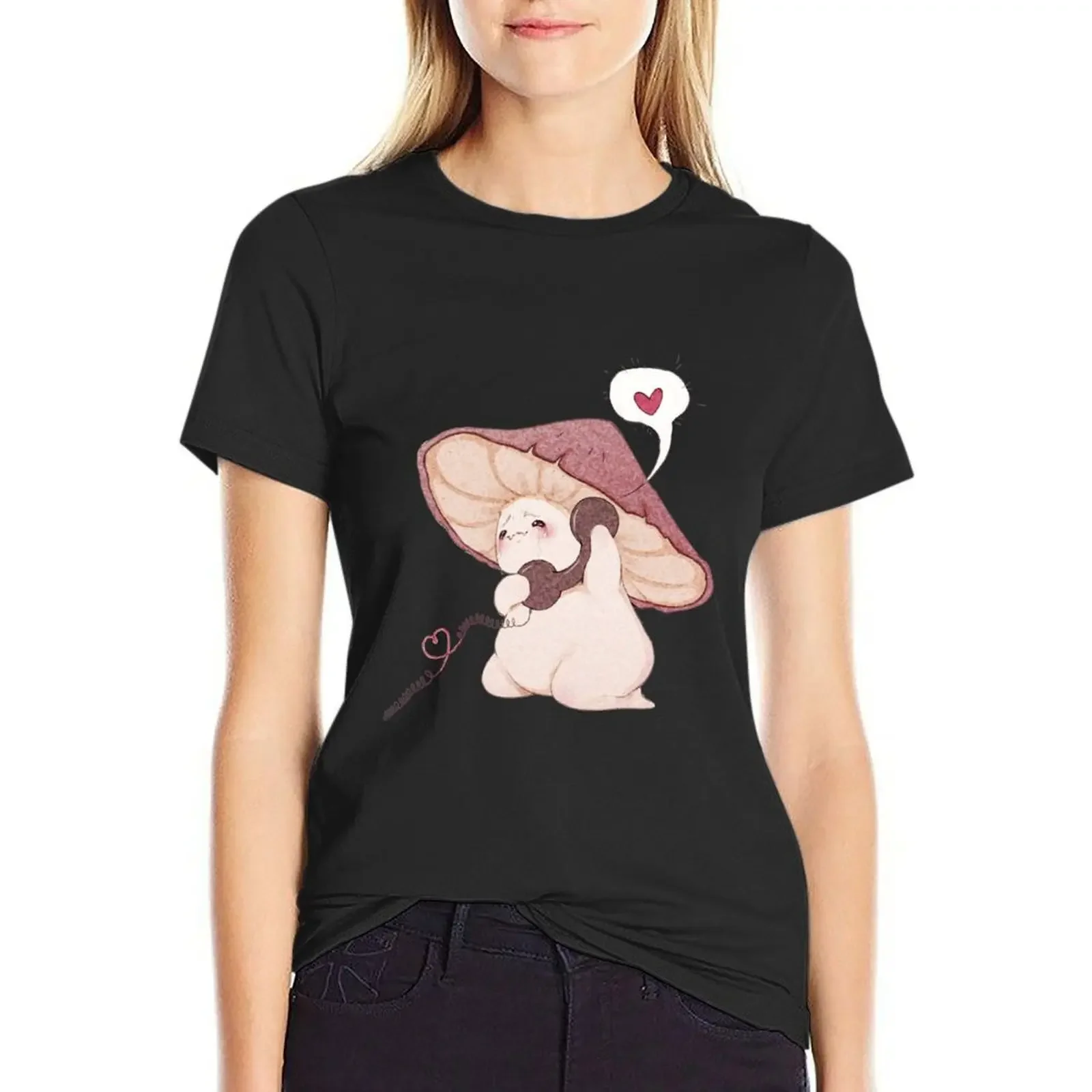 

Miss you - cute mushroom on the phone T-Shirt Female clothing anime clothes animal print Women clothes