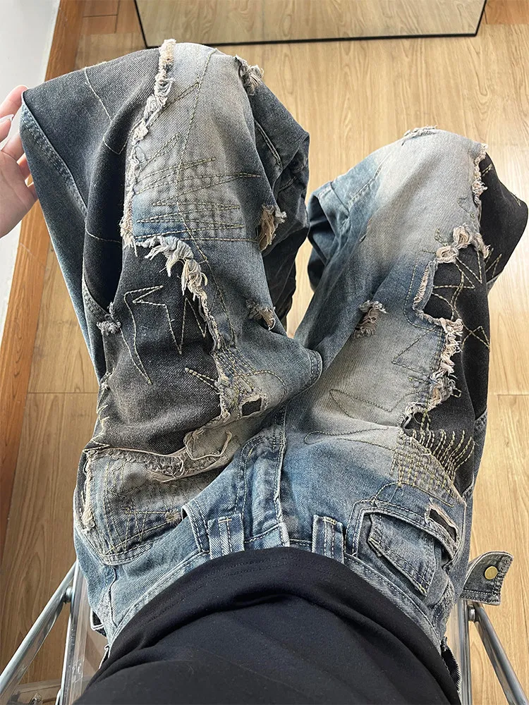 

Retro American Waed out Distred Denim Jeans High Waist Women's Spicy Design Sense Splicing Color Colion Knife Long Pants