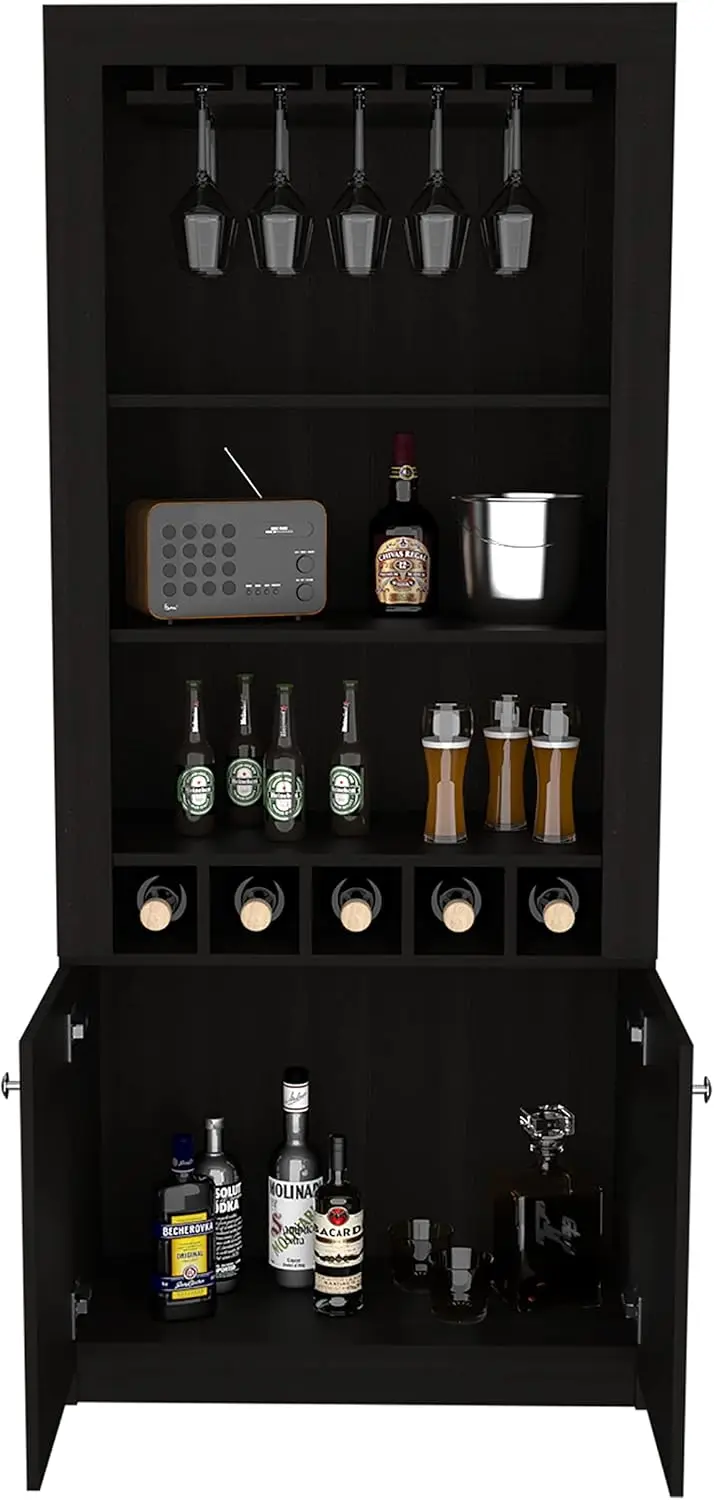 Cherokee Bar duplo porta do armário, 5 vinho Cubbies, rack, 2 prateleiras abertas, preto