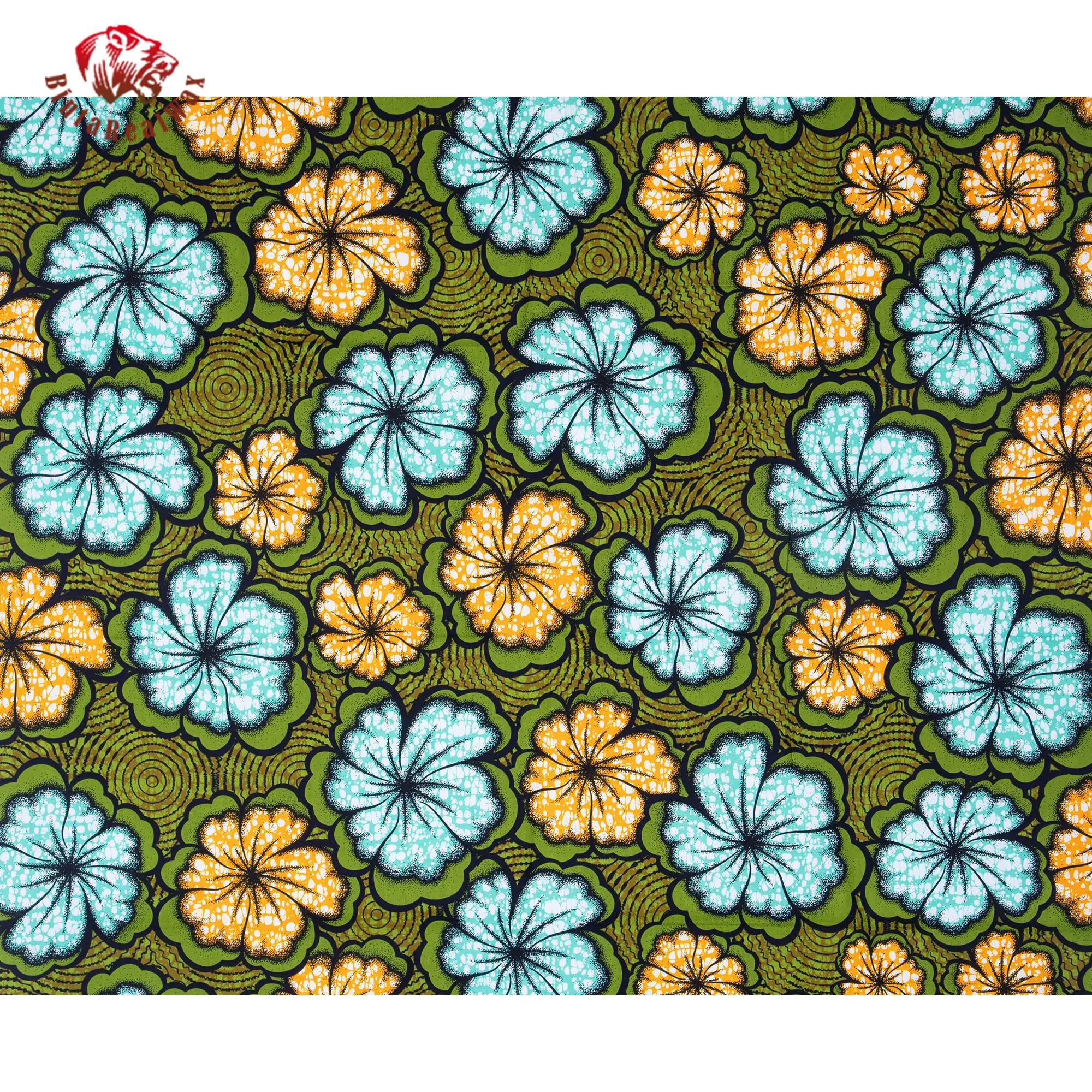 African Wax Print Fabric, Green Background with Blue Yellow Floral Patterns, 100% Cotton Ankara Fabric for Dress Making 24FS1630 view 2