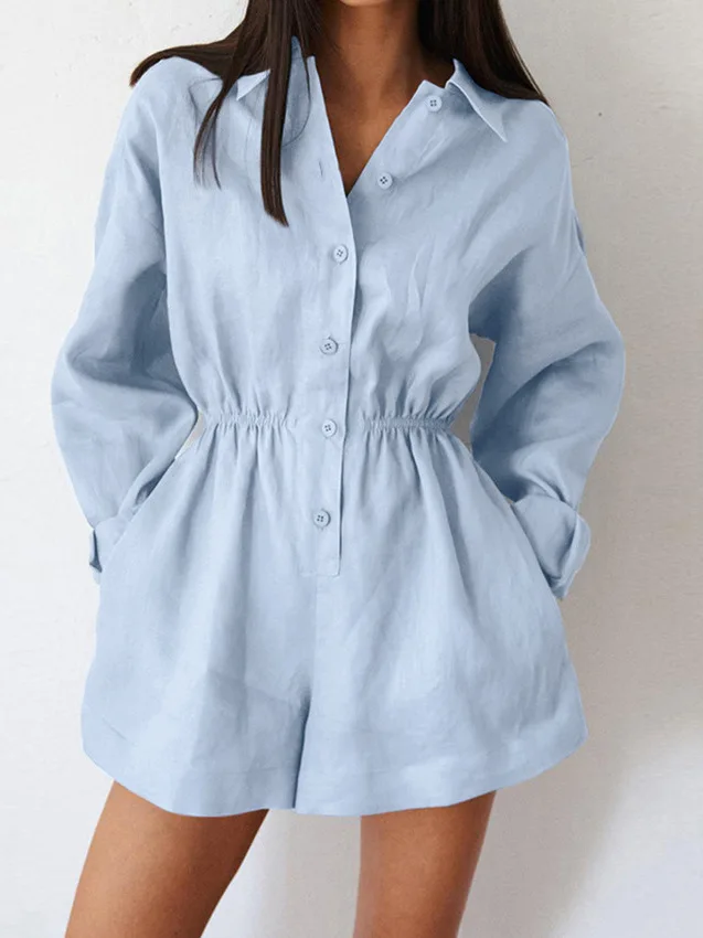 

Женский повседневный комбинезон с отложным воротником, однотонный, с высокой талией, широкими штанинами, удобный, из полиэстера, весенний, модный, с высокой талией, длина 7/8