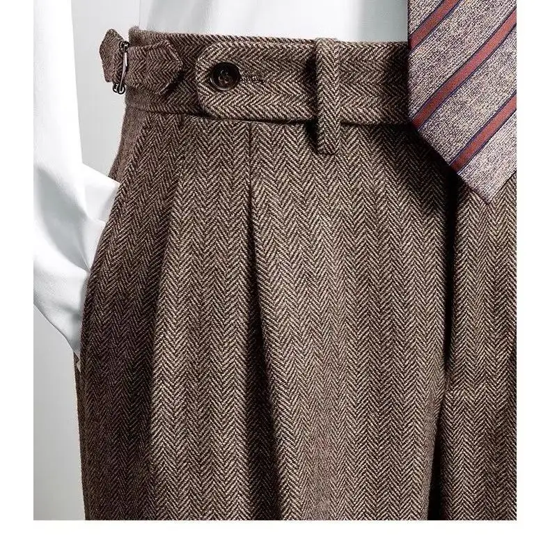 Woolen Men's Plus-size Trousers Spring Herringbone Pattern Formal Pants Men Loose Casual Rolled Hems Vestido Social Tweed
