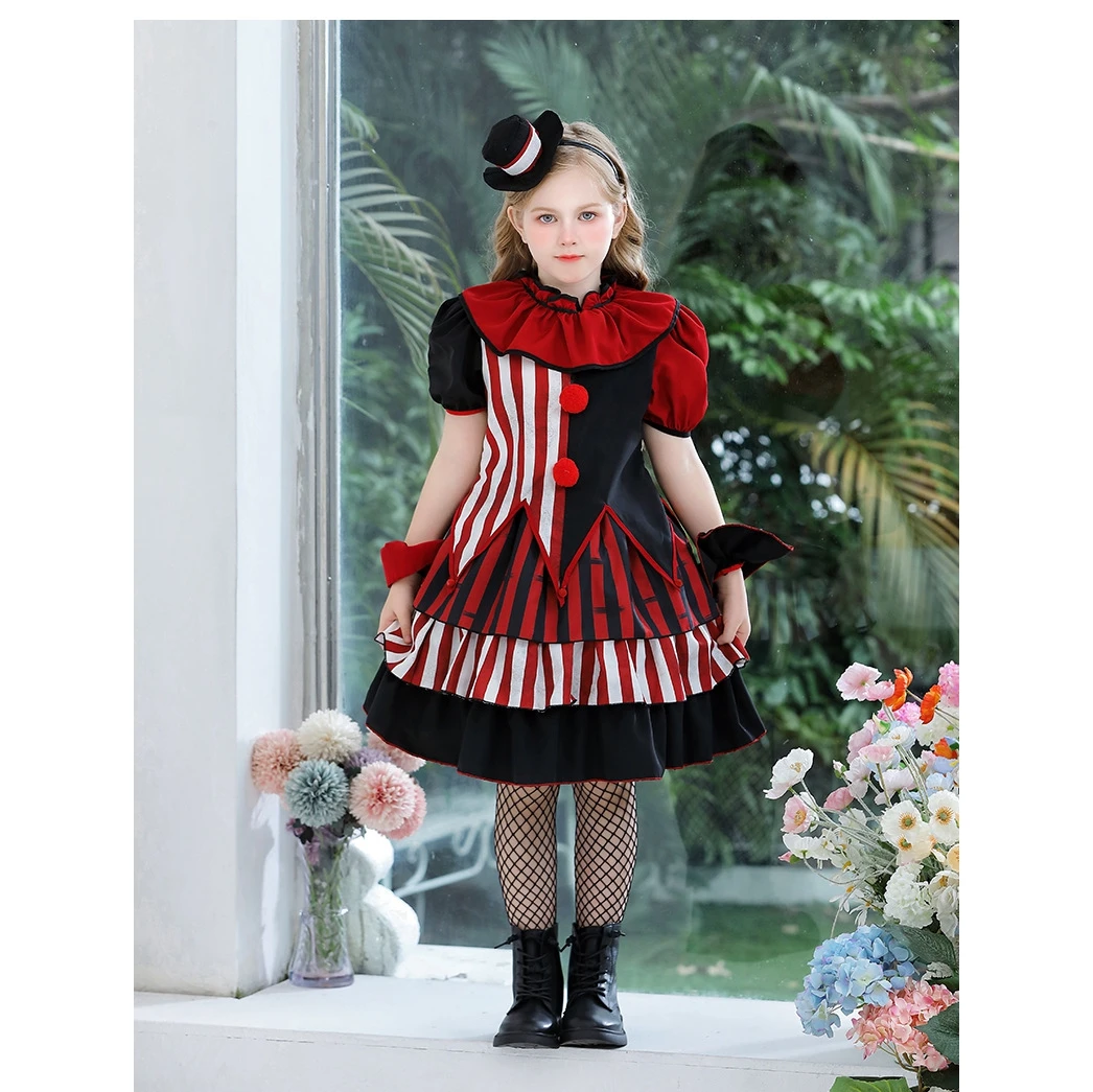 Halloween Clownkostuum Onregelmatig T-shirt met korte mouwen en gestreepte rok Hoofdband Polsband Kraag voor Cosplay Party