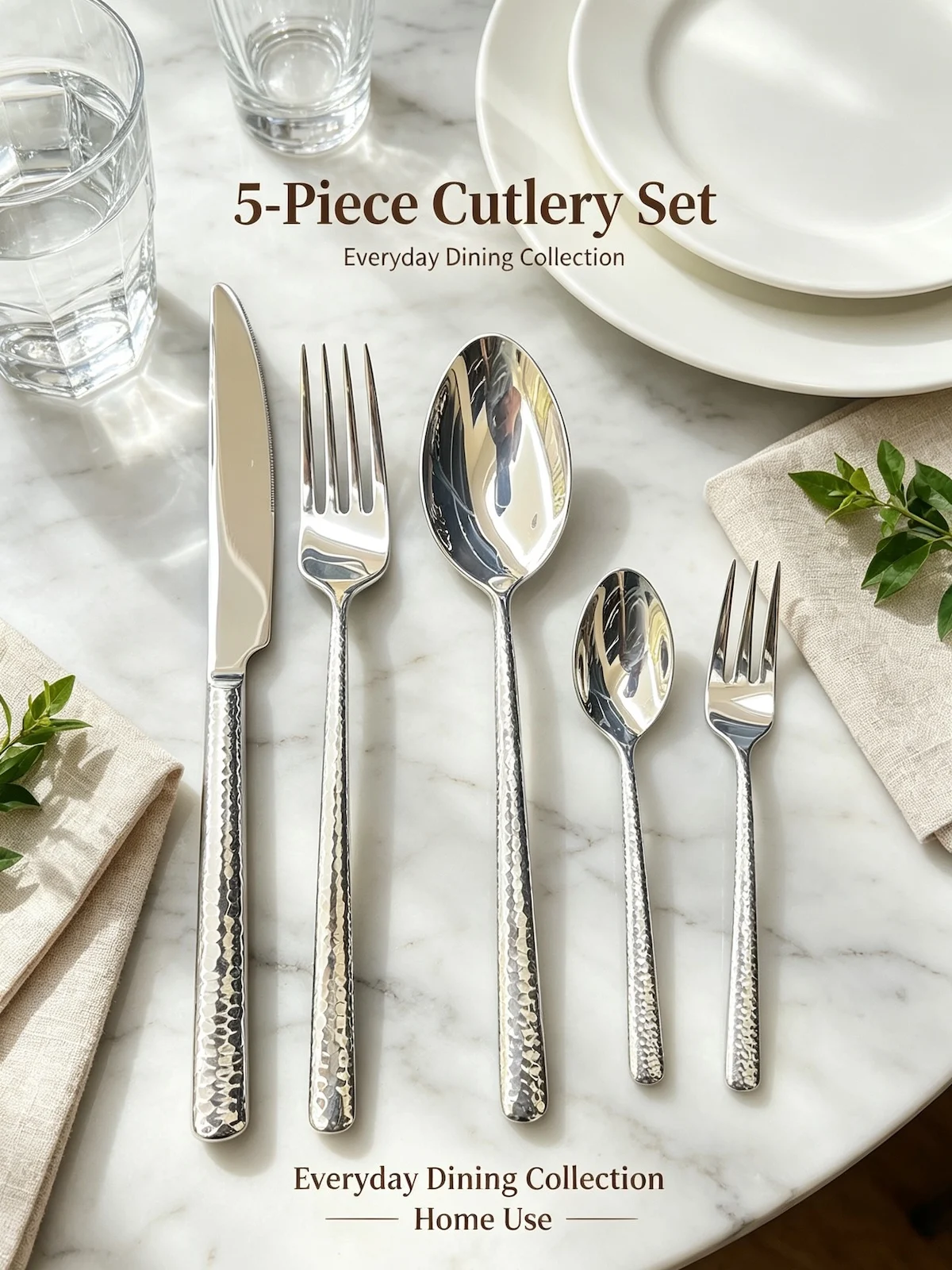 420/304 Stainless Steel Flatware Set Smooth Thin Hammered Handle 4/5Pcs Home Hotel Dinner Gift Set