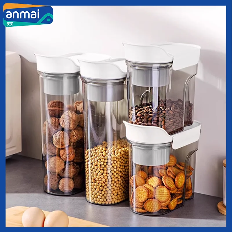 Anmai Stackable Airtight Food Container Set with Measuring Cup Cereal Coffee Bean Storage Box Plastic Transparent Sealed Cans