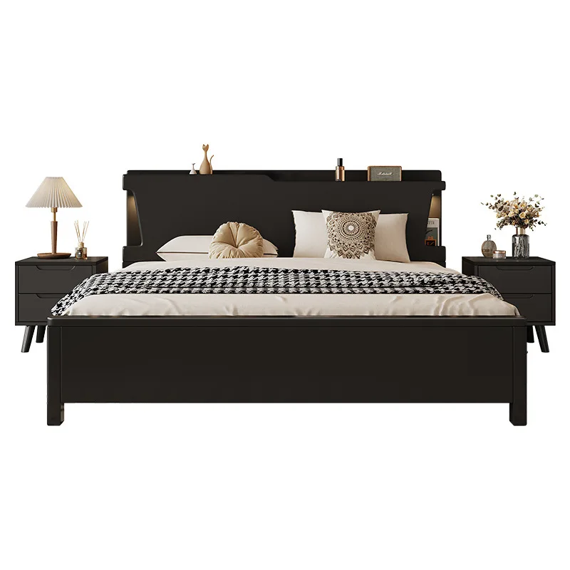

High PC and console game bedroom king bed, black American retro ash wood solid wood bed frame headboard USB interface tenon