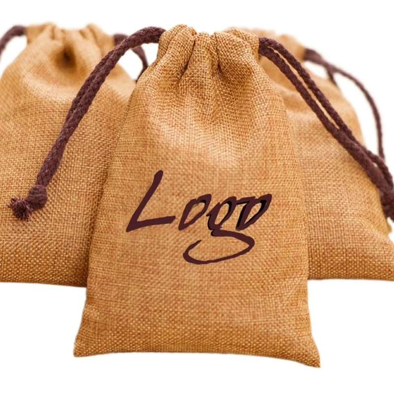 Flax Linen Jewelry Gift Bags 8x11cm 9x12cm 10x15cm 13x17cm pack 50 Custom Logo Sack Cosmetic Jute Drawstring Pouches